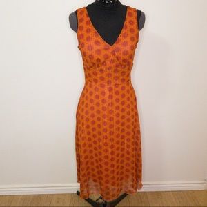 90s orange pinstriped v-neck sleeveless midi dress